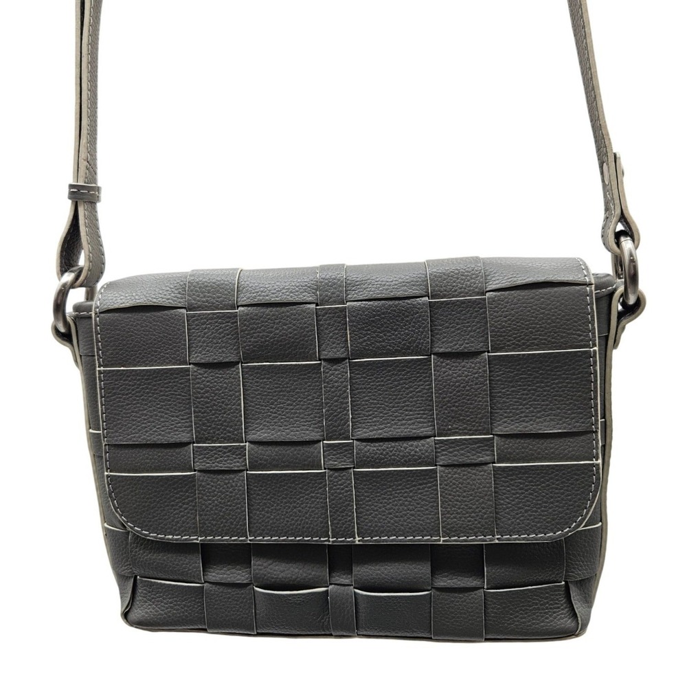 Nino Bossi Grey Woven Leather Crossbody Bag Adjustable Strap Floral Lining
